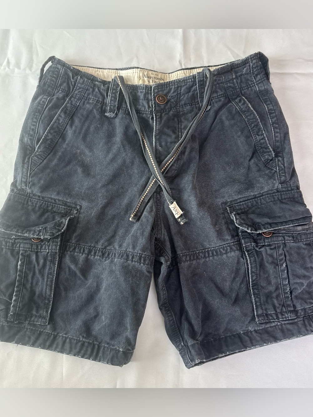 Abercrombie Fitch Mens 31 Y2K Washed Navy Distressed Cargo Shorts